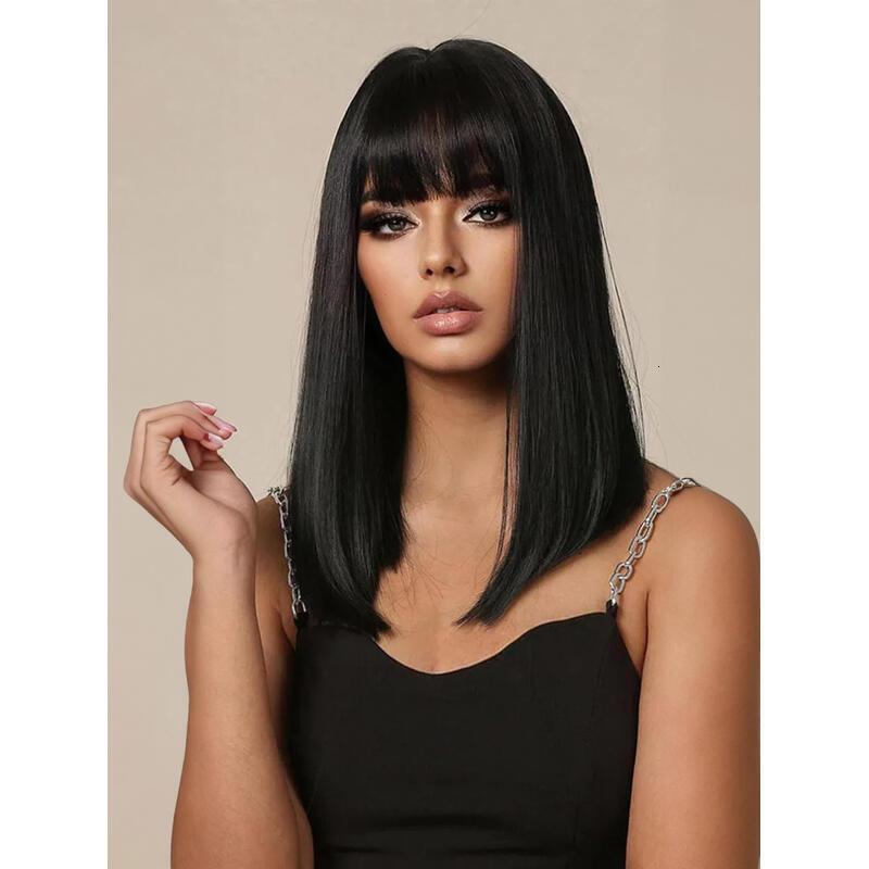 TY- Medium-length straight hair fully hined 14 inches natural heat-resistant fiber high temperature silk dyeable and permable bangs synthetic wig Shor