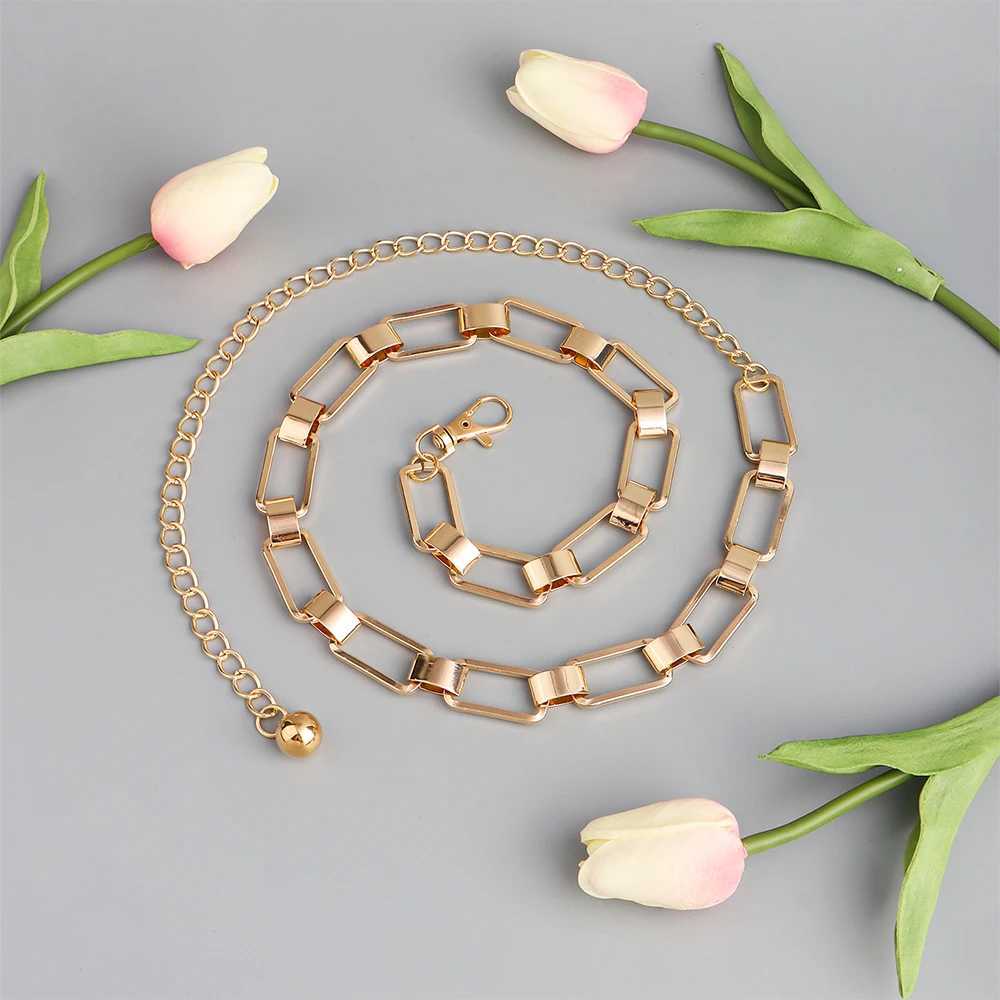 Waist chain fashionable geometric metal cut one layer gold border dress X250410