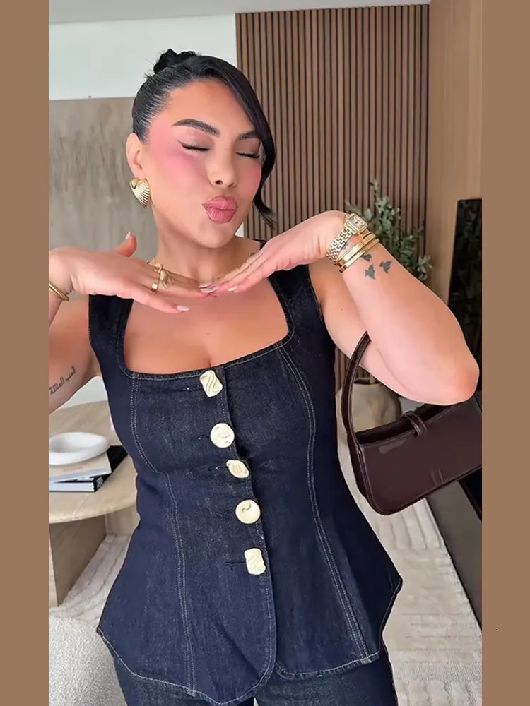 Street Denim Vest Pants Sets Women Square Collar Sleeveless Single Breasted Slim Tops High Waist Jeans 2025 Spring Lady Outfits 250408