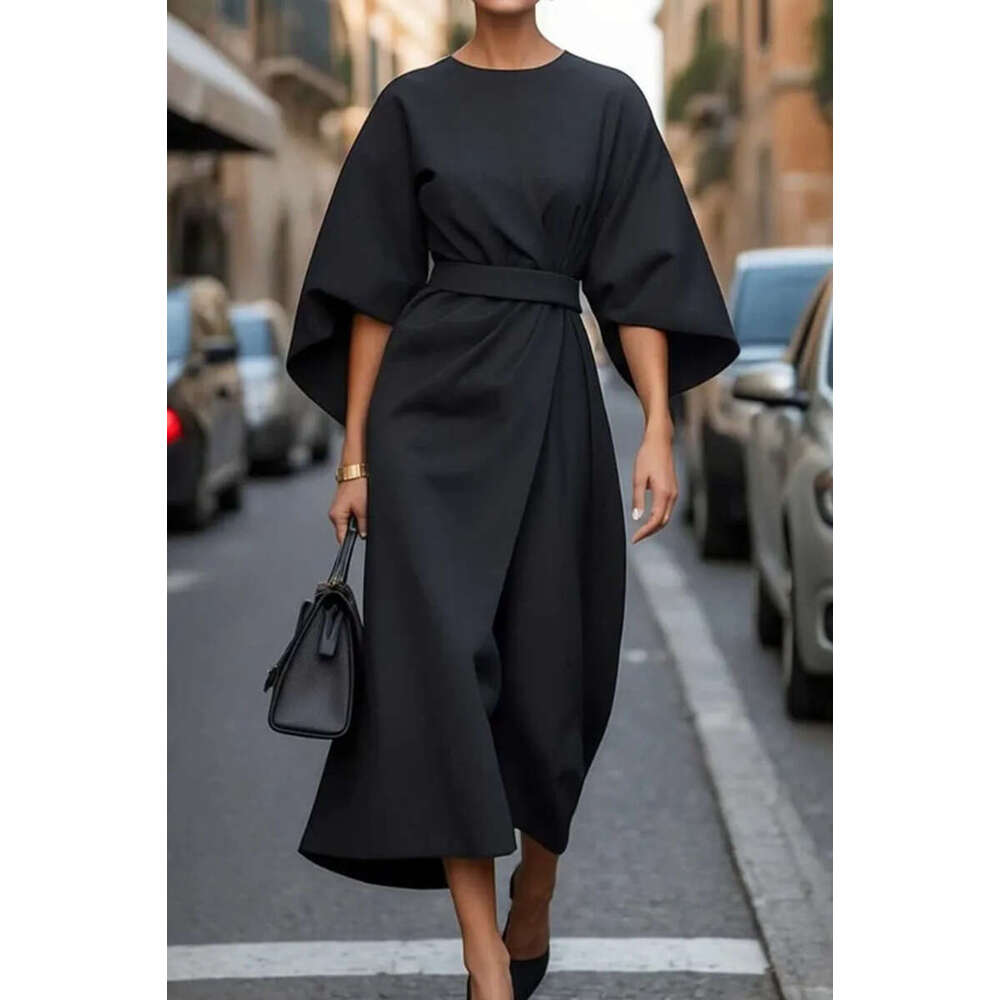 2025 Foreign Trade Women's European and American Cross-Border Fashion Elegant Solid Color Waist-Cinching Casual Batwing Sleeve Long Dress