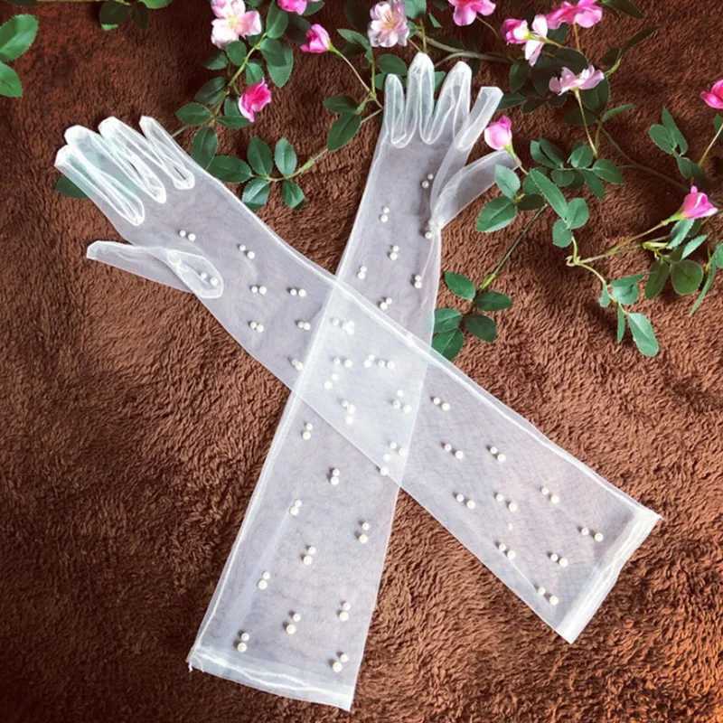 55 cm Transparent Wedding Gloves Pearls Long Elbow Mittens Mesh Arm Covers Women Party Bridal Dress Accessories Photo Props L251110