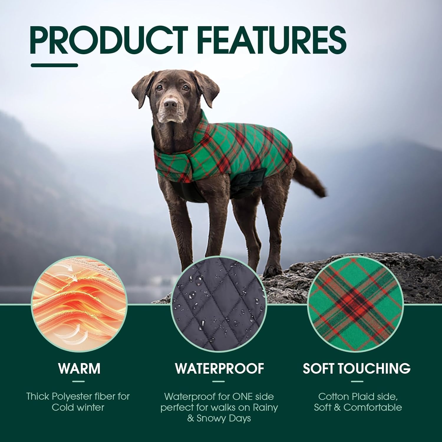 Kuoser Reversible Waterproof Dog Coat - British Plaid Winter Jacket for Small Medium Large Dogs