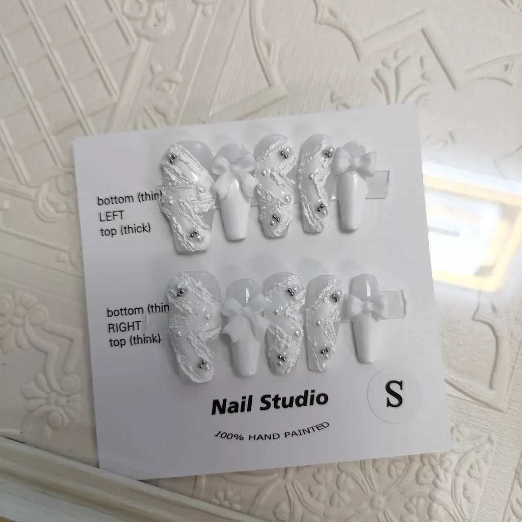 Ribbon Pearl Handmade Wearable Nail Elegant White Swan Hand drawn Embossed Nail Art White Wearable Fake Nail Student Gift W250410