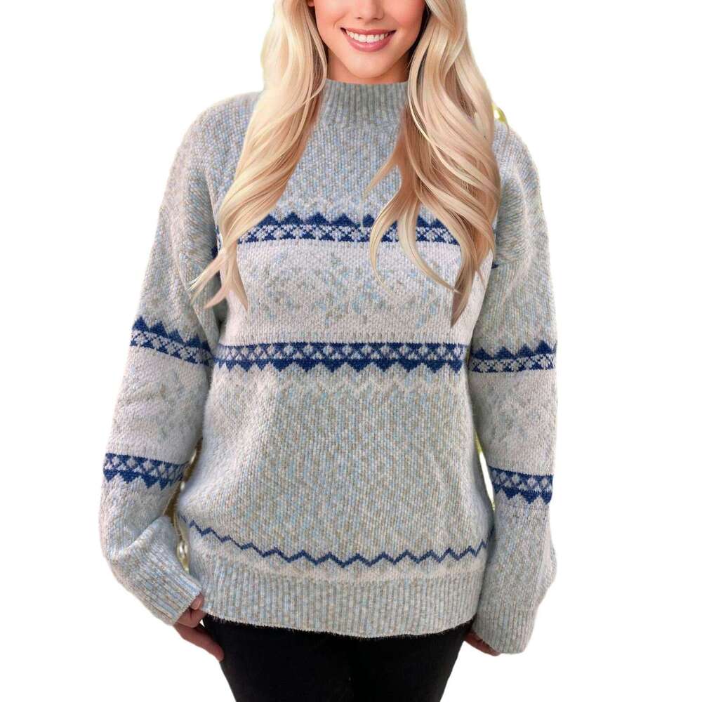 Amazon 2024 New Half Turtleneck Chenille Knit Top European and American Christmas Snowflake Pullover Sweater for Women Trendy