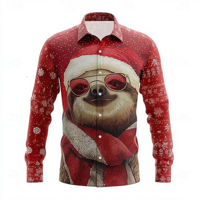Mens Snowflake Christmas Animal Shirt Long Sleeve Fun Outdoor Holiday Spring Autumn Lapel 3D Printed Lapel Lining Red Blue K251110