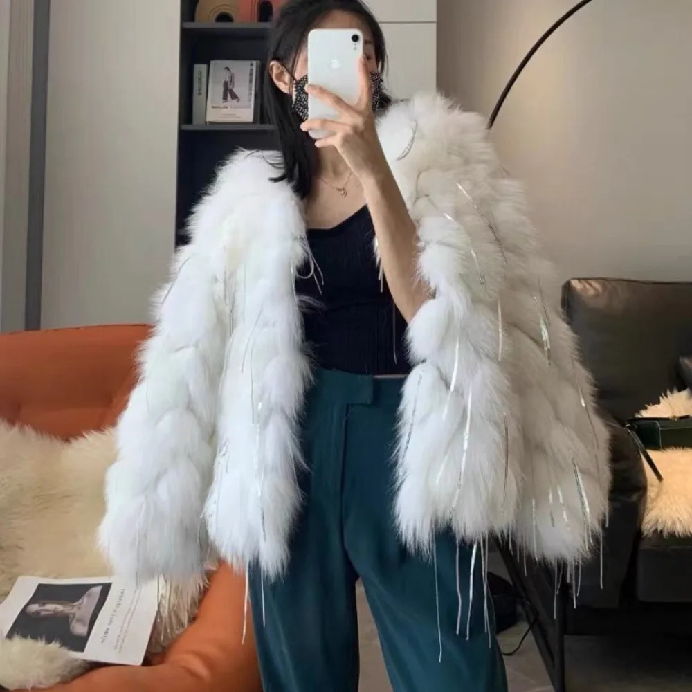 Natural Fur Coat Fashion Fox with Tassels Winter Warm Women Coats Real Jackets Thick sweet 251110