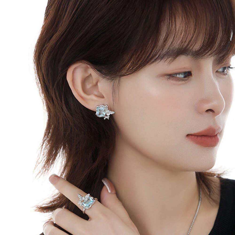 Original Exquisite Blue Zircon Butterfly for Women Geometric Square Simple Design Sweet Cool Style Personality Earrings