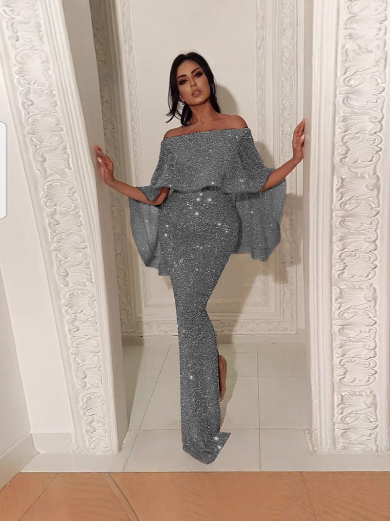 K47Stylish Summer Ruffled Chest Wrap Drape Dress with Sparkling Sleeveless Design & Side Split