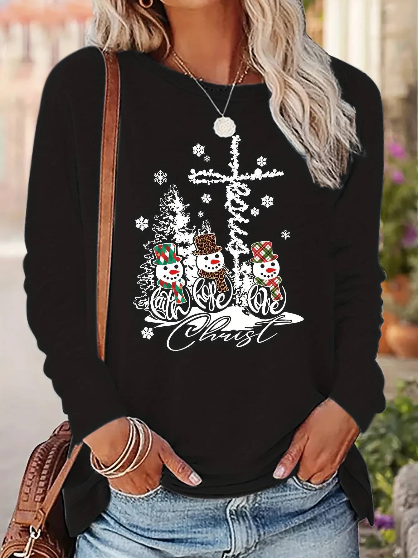 Ddmytues Christmas Women's Snowman And Jesus Cross Printed T-Shirt Casual Round Neck Long Sleeve Top