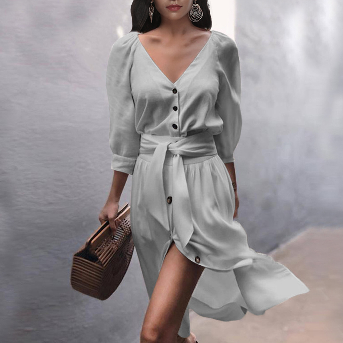 2025 Women's New Long Sleeve V-Neck Button Lace up Solid Color Sexy Loose Size Dress