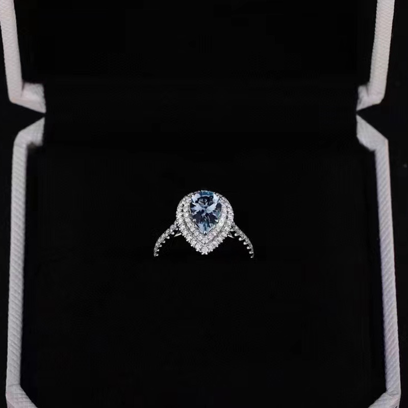 S925 Sterling Silver Water Drop Aquamarine Ring For Women, Ins Trend Fashion Ring Inlaid Designer Ring Adjustable Simple Design Index Finger Ring