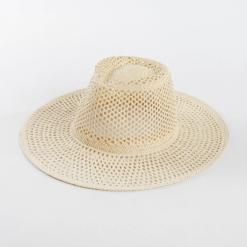 USPOP Spring Summer Fashion Casual Hand-woven Hollow Wide Brim Straw Hat Breathable Beach Hat Straw Jazz Fedoras 250409