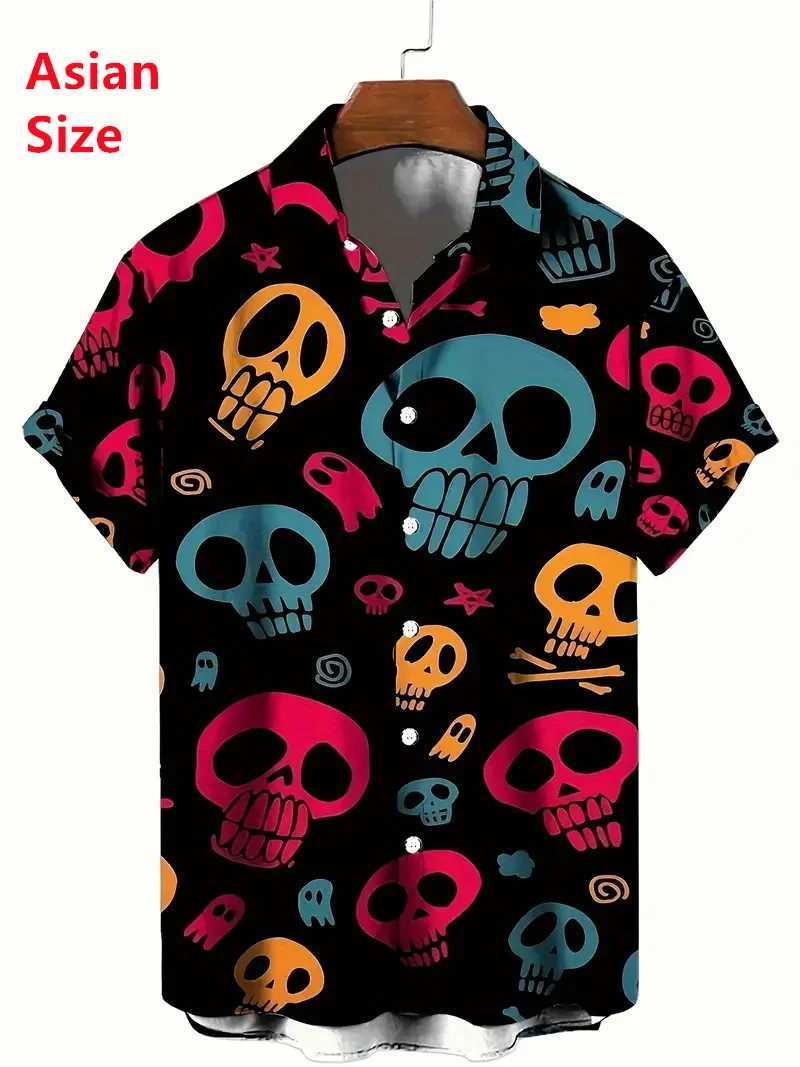 Terror Skull Printed Mens Shirt Summer Hip Hop Style Short Sleeve Collar Mens Street Clothing Hawaii Beach Holiday Shirt X250410