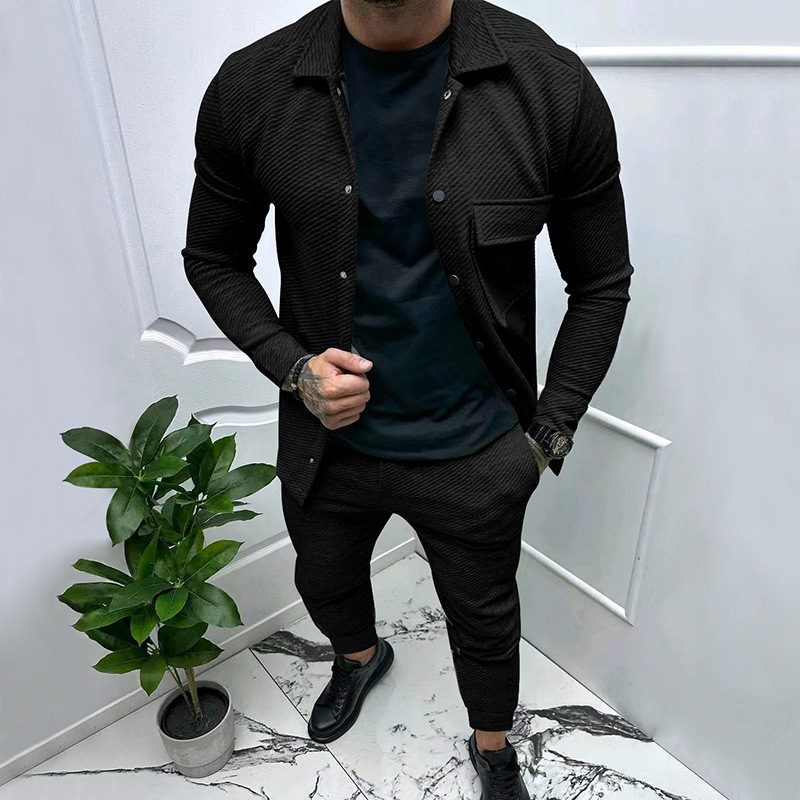 2024 autumn/winter new mens collar solid color long sleeved pants set loose and versatile two-piece set