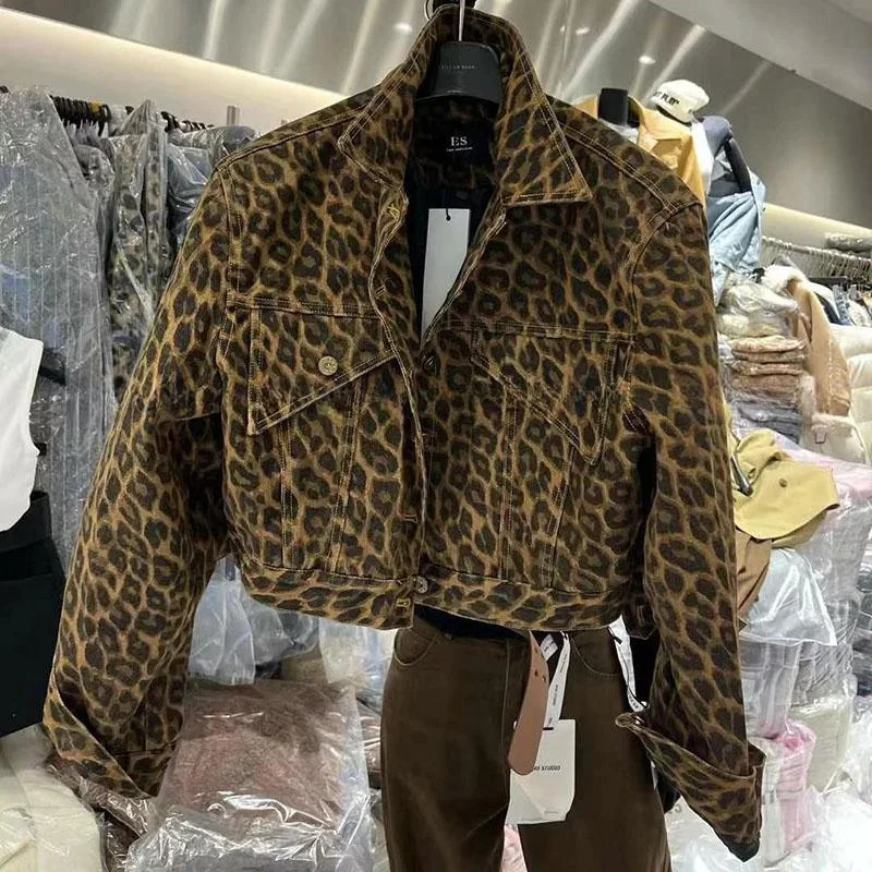 American high street leopard print denim jacket womens autumn and winter cotton fashionable clown warm casual top. 250409