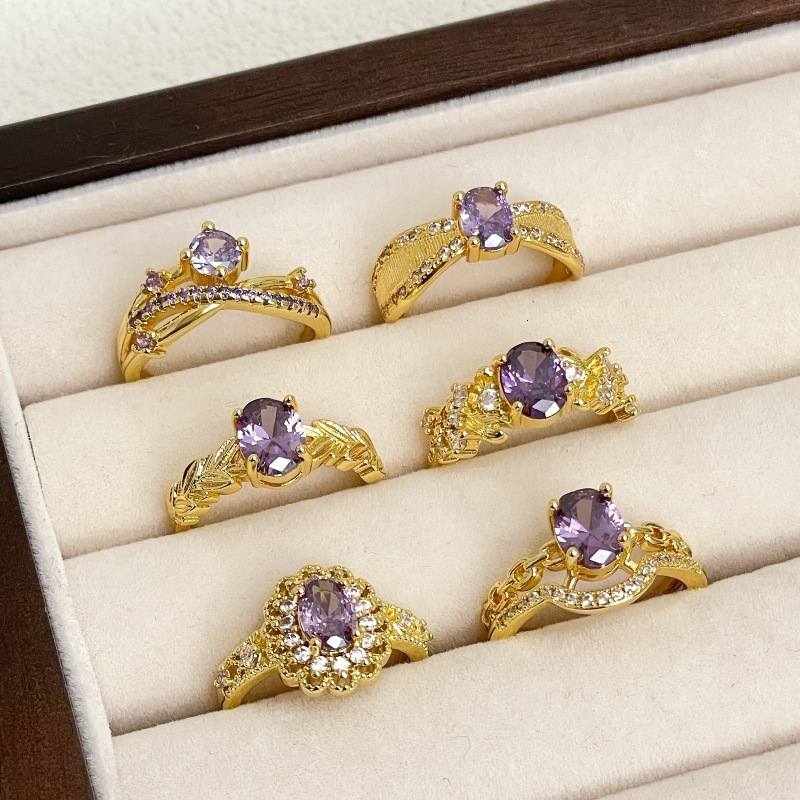 Designer Ring Gold Light Fashion Ring Luxury High-end Niche Accessories For Women New Nine Purple Fire Color Gemstone Zircon Vintage Brushed Open Ring
