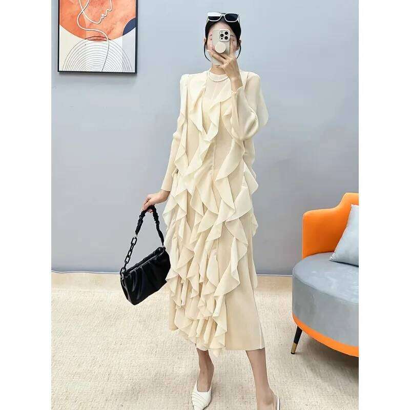 Miyake For Women's Fall 2024 New Design Sense Round Neck Solid Color Casual High End Pleated Long Dress