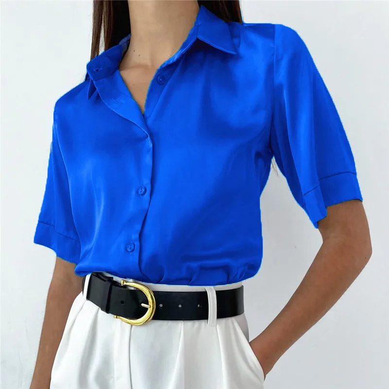 Satin shirt womens polo neck office womens shirt retro blue green silk shirt loose button up and down shirt black fashionable top 250409