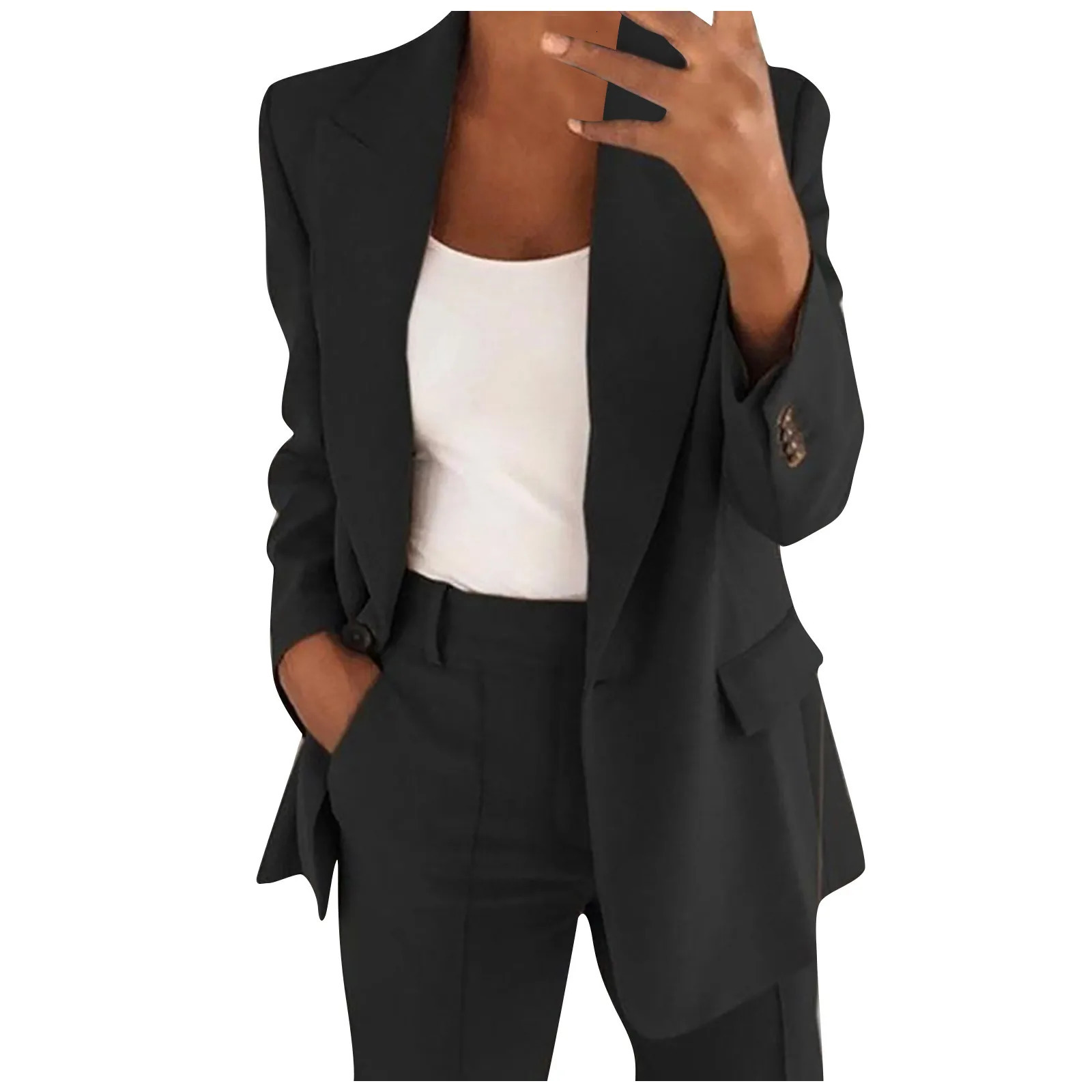 Autumn Spring Solid Blazer Coat Womens Open Skirt Button Casual Jacket Set Office 250407
