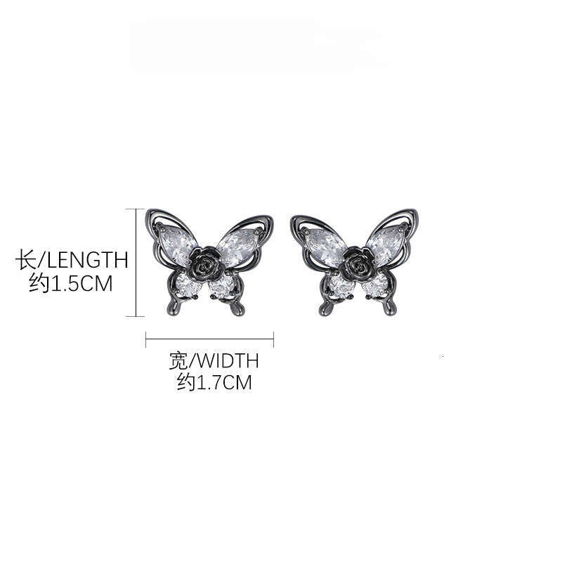 Gun Black Rose Butterfly Earrings for Women, Light Luxury Niche Design, Dark High-End Feel, Exquisite and Petite Ear Jewelry