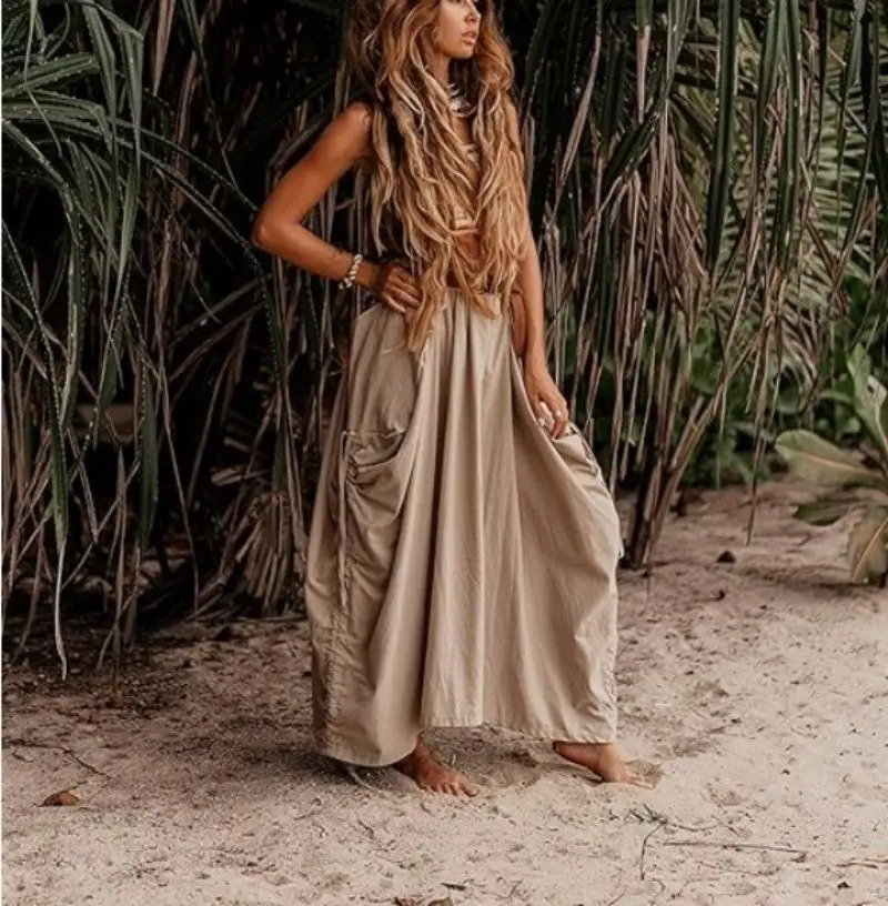 Womens casual tight fitting Bohemian loose cotton dress with drawstring and large pockets 250410