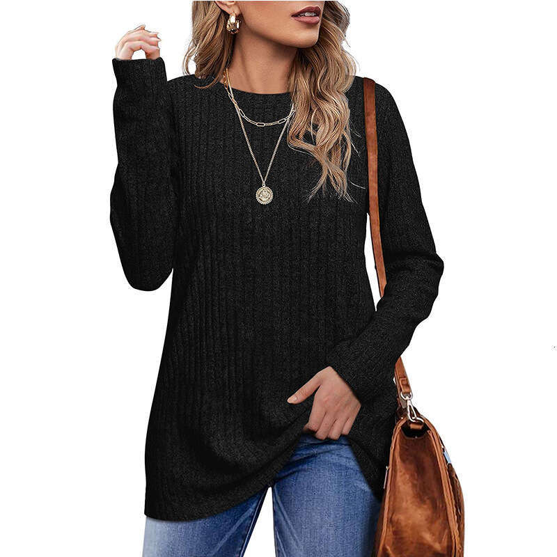 Amazon Cross-Border European and American Trade 2023 New Autumn Winter Round Neck Brushed Ribbed Solid Color Long Sleeve T-Shirt for Women