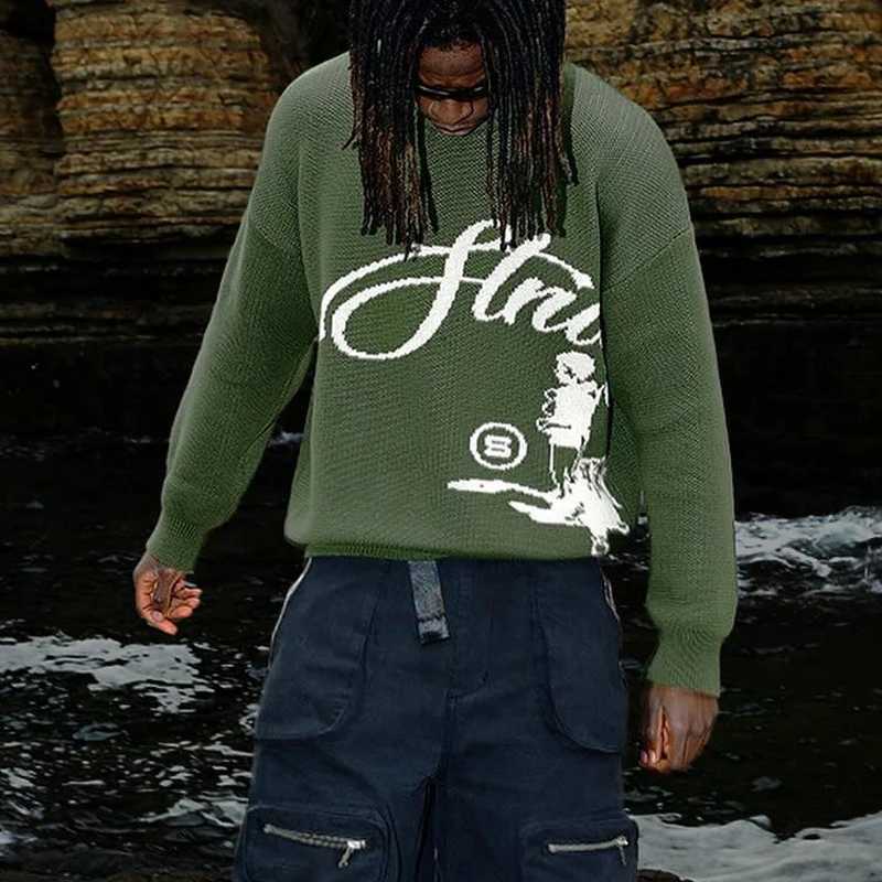 Fashion Punk mens casual fashion street knitted sweater retro 2000s letter cartoon character hip-hop knitted pattern pullover Y2K style Y251110