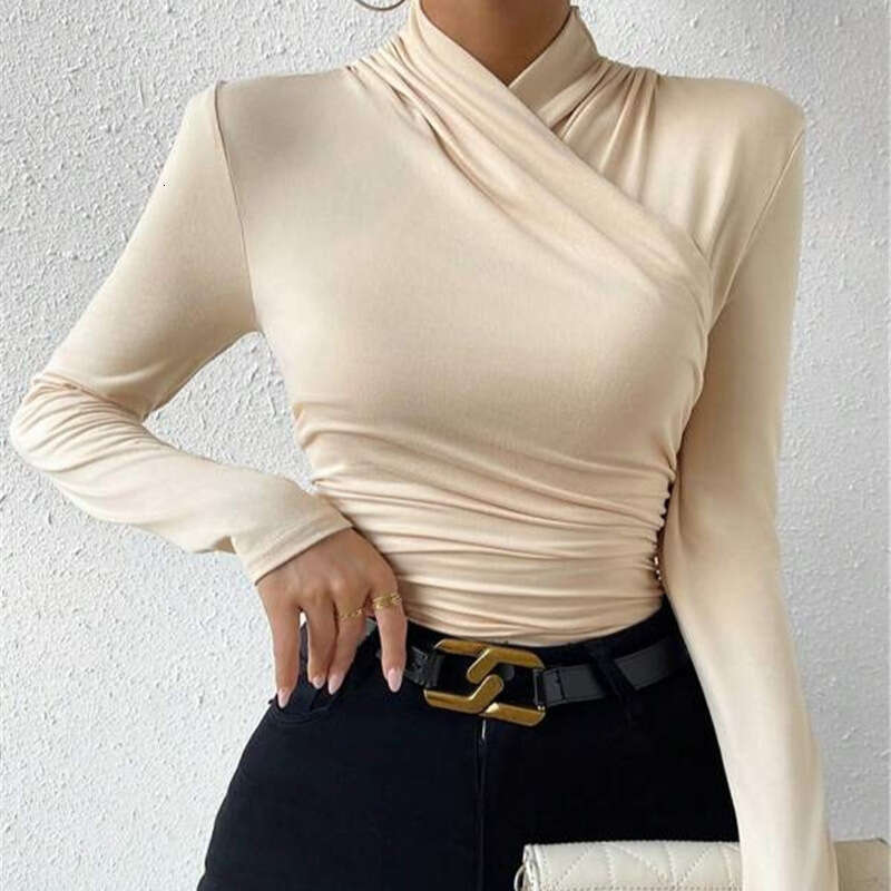 European and American Cross-Border Pullover Autumn Winter New Design Sense Cross-Neck Long Sleeve Slim Fit Versatile Solid Color Ruched T-Shirt