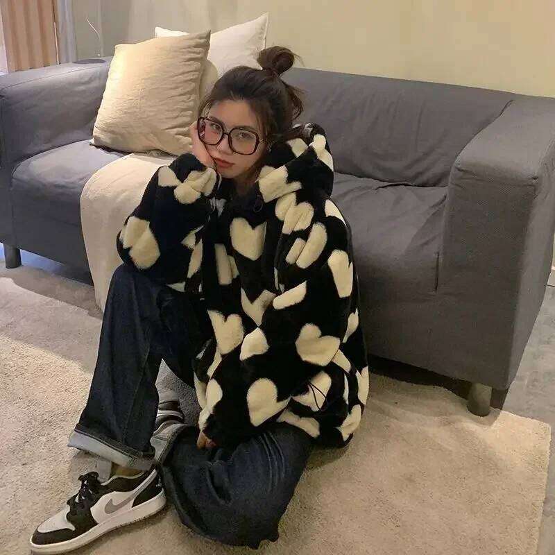 Women's Faux Rabbit Fur Autumn And Winter 2025 New Love Plush Jacket Women Loose Hooded Thick Cotton-Padded Clothes Tide