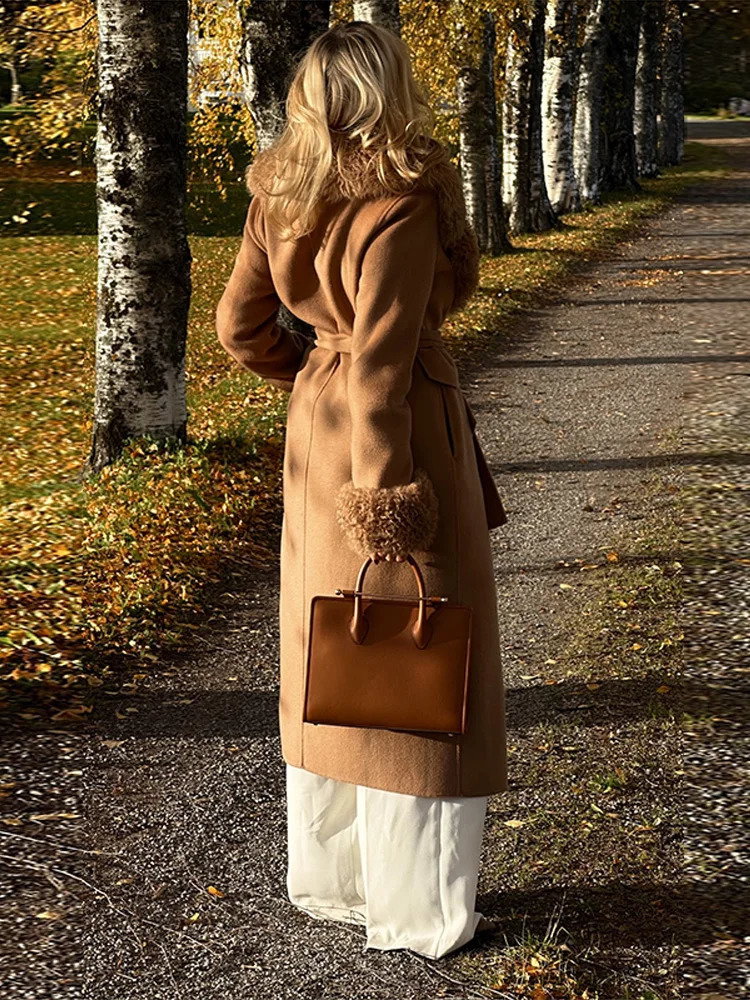 Fashion Fur Collar Woolen Overcoat Women Long Sleeve Double-breasted Lace Up Pocket Coat 2025 Autumn Winter Lady Street Outwear 251105