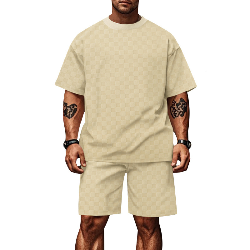 2025 new jacquard checkerboard solid color short sleeved shorts set for mens fashion trend