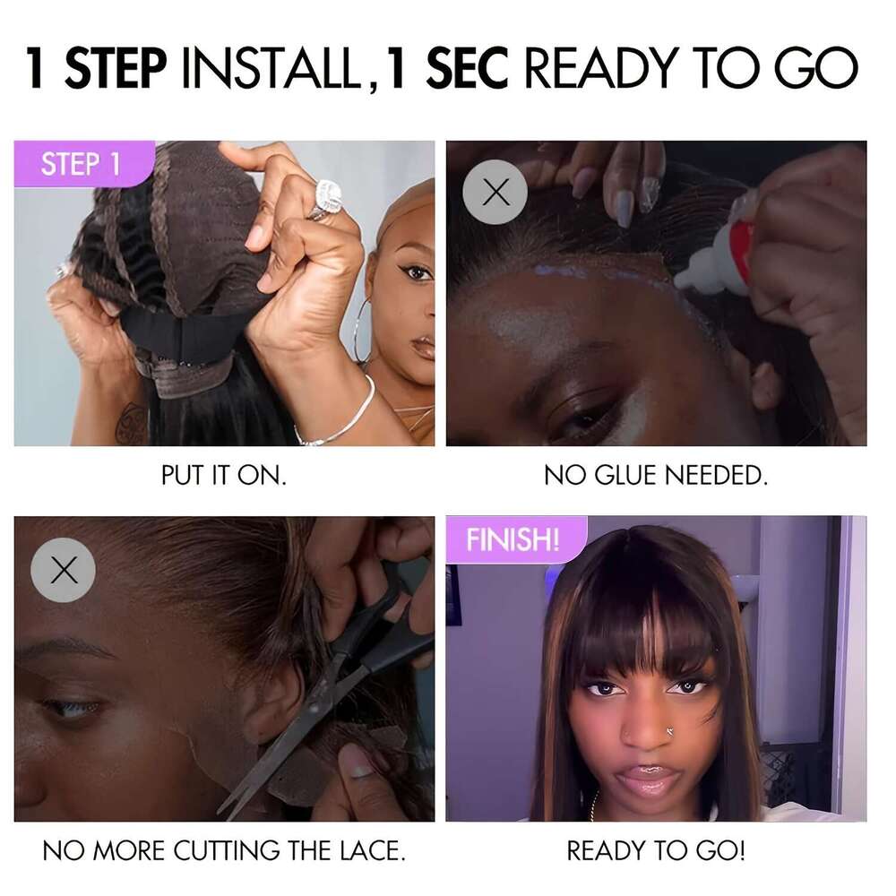 Highlight Color Wear And Go Short Straight Human Hair Wigs With Bangs Brazilian Remy For Women Natural Color Easy Part Lace Bob Wig