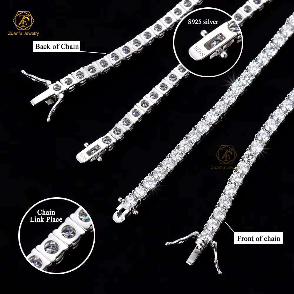 Hip Hop Iced Out D Color White VVS Sterg Sier 3mm-4mm Moissanite Dia Tennis Necklace Gold Plated k Chain