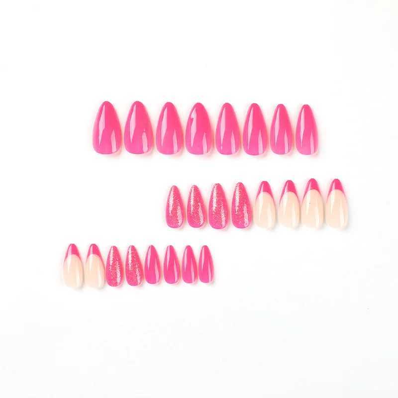 Rose pink French glitter pink wearable almond shaped fashionable fake nails complete set of decorative fake nails pressed with glue on the nails W2504