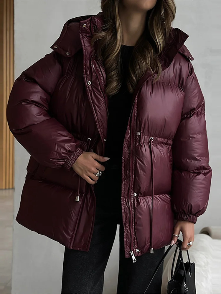 Solid Zipper Drawstring Puffer Jacket Quilted Water Resistant Loose 2025 Winter Warm Women Outerwear Daily Causal Lady Coat 251107