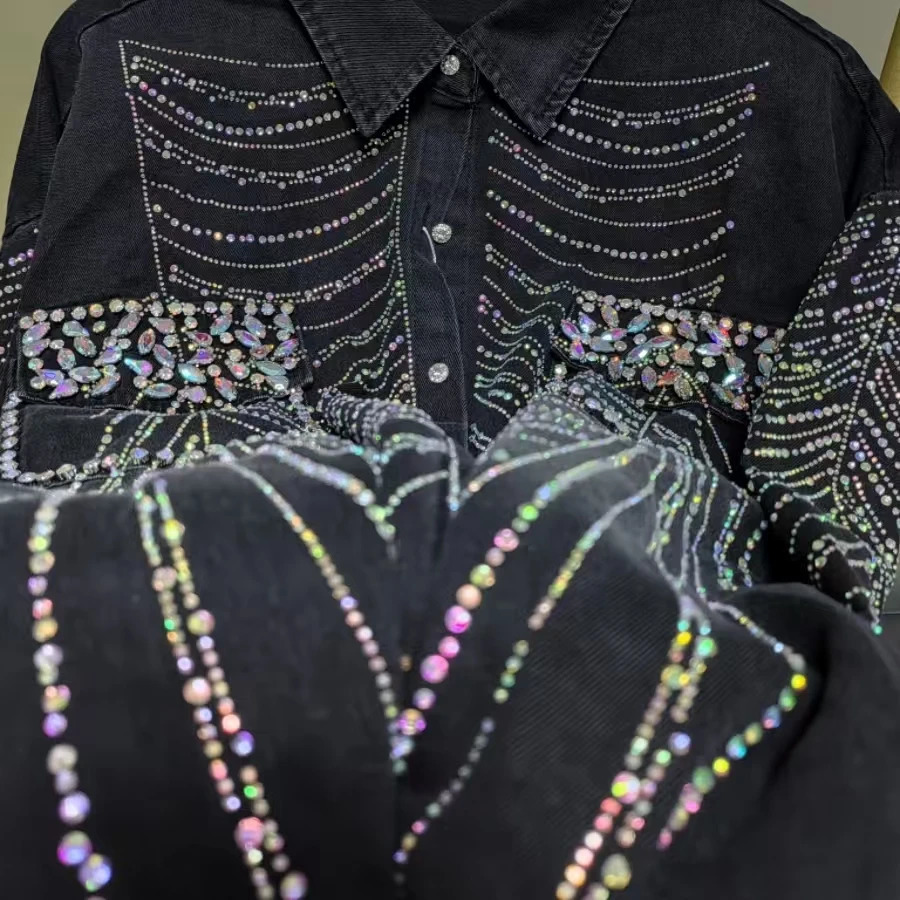 autumn sparkling striped diamond medium length black denim jacket for womens fashion trend jacket jeans jacket for womens clothing 250409