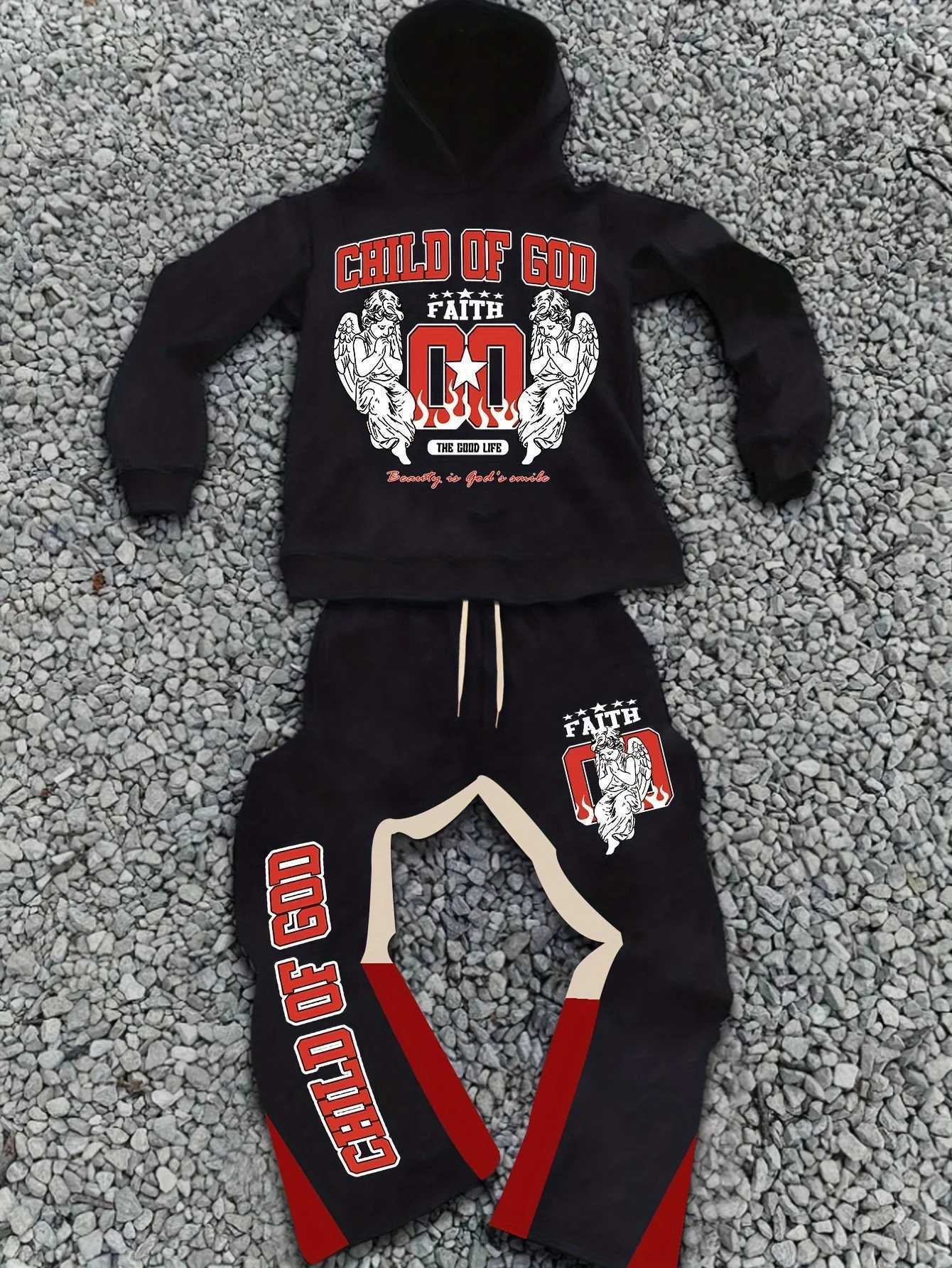 Mens Black Hoodie and Sweatpants Set with Outstanding CHILD OF GOD Faith - themed Prints Stylish and Trendy W251110