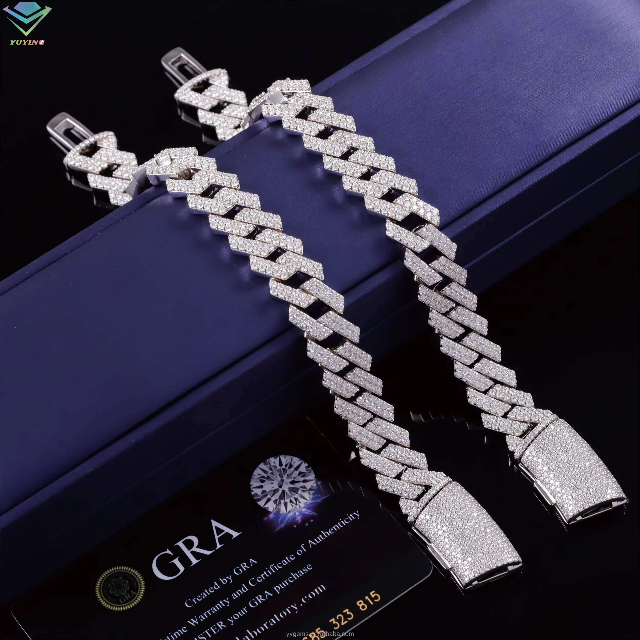 Luxury 14mm Moissanite Cuban Chain Iced Out 925 Silver 2 Rows White Gold Plated VVS Moissanite Cuban Link Chain Bracelet
