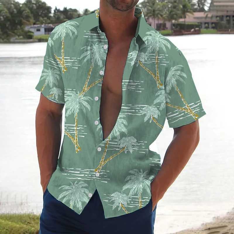 Retro mens coconut tree print short sleeved beach shirt casual mens loose mens Hawaiian shirt 2024 X250410
