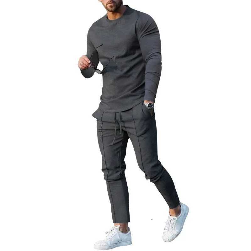 2024 spring two-piece set crew neck long-sleeved t-shirt trousers solid color casual mens suit W251110