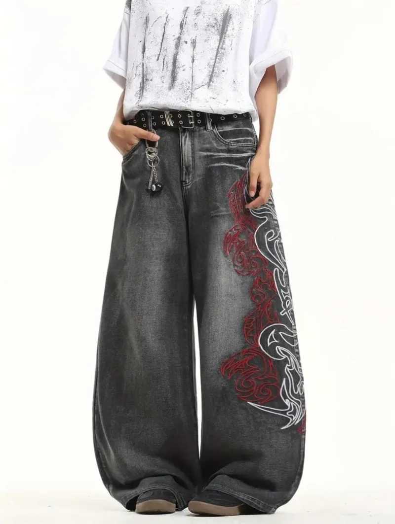Y2K American New Pattern Embroidery Baggy Jeans Men High Streetwear Vintage Hip Hop Fashion Casual Joker Couple Wide-leg Pants C251110