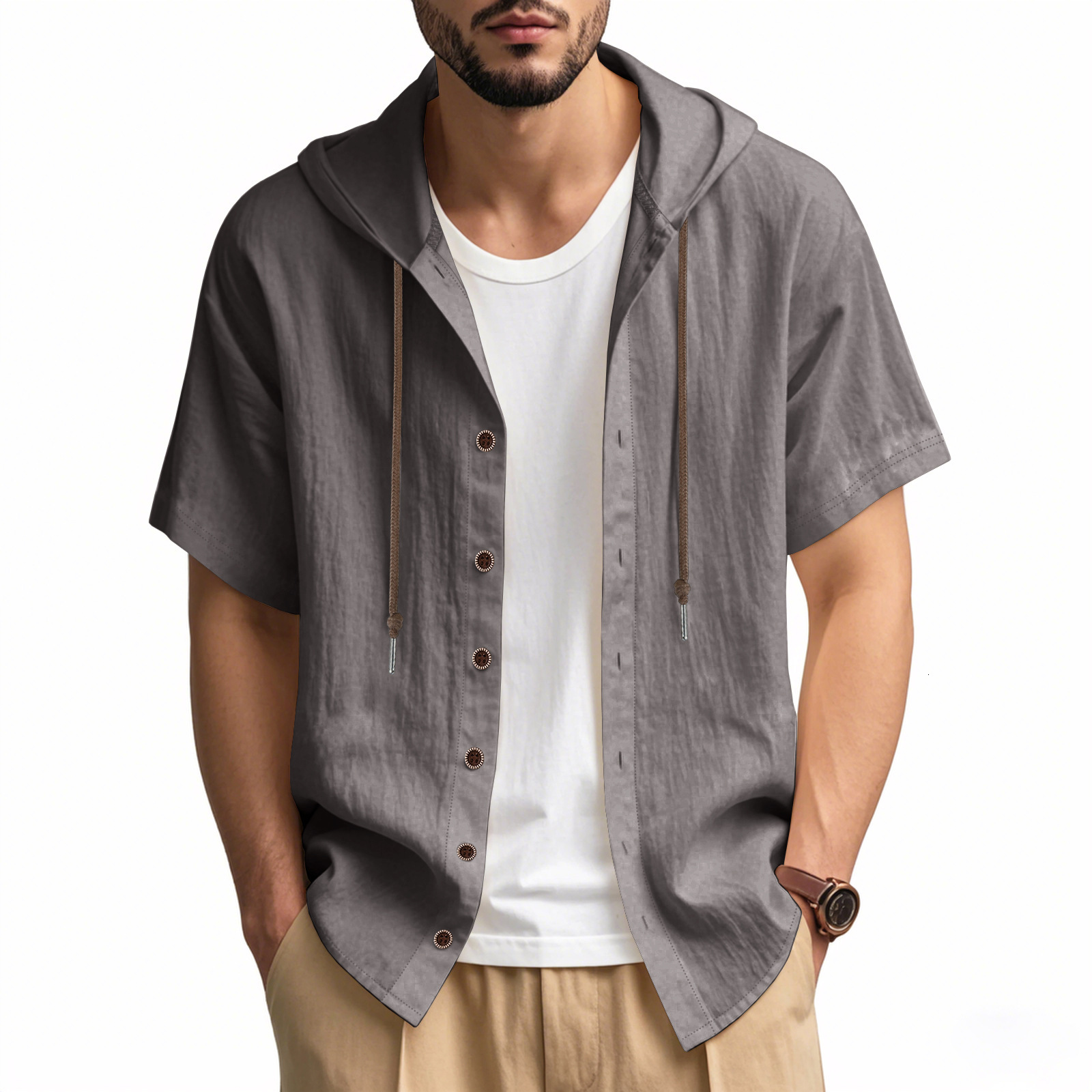 Mens cotton and linen casual short sleeved hooded shirt with fashionable buttons beach T-shirt