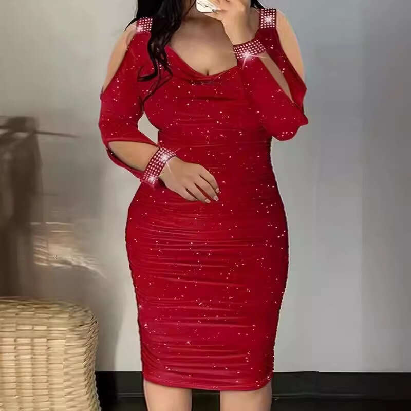 2025 Foreign Trade Women's Fashion Elegant Slim Fit Gathered Rhinestone Bodycon Tight V-neck Night club maxi dress SEXY DRESSES FOR WOMEN