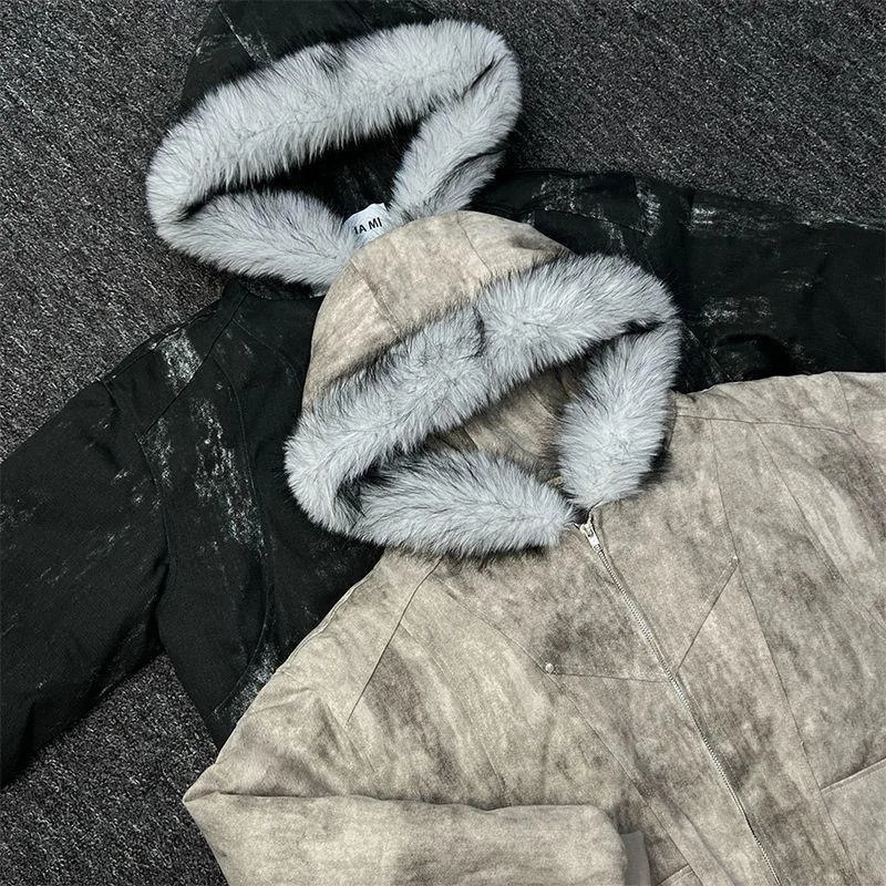2025 European and American winter thickened fur collar hoodie Y2K couple down cotton warm jacket fashionable and versatile 251105