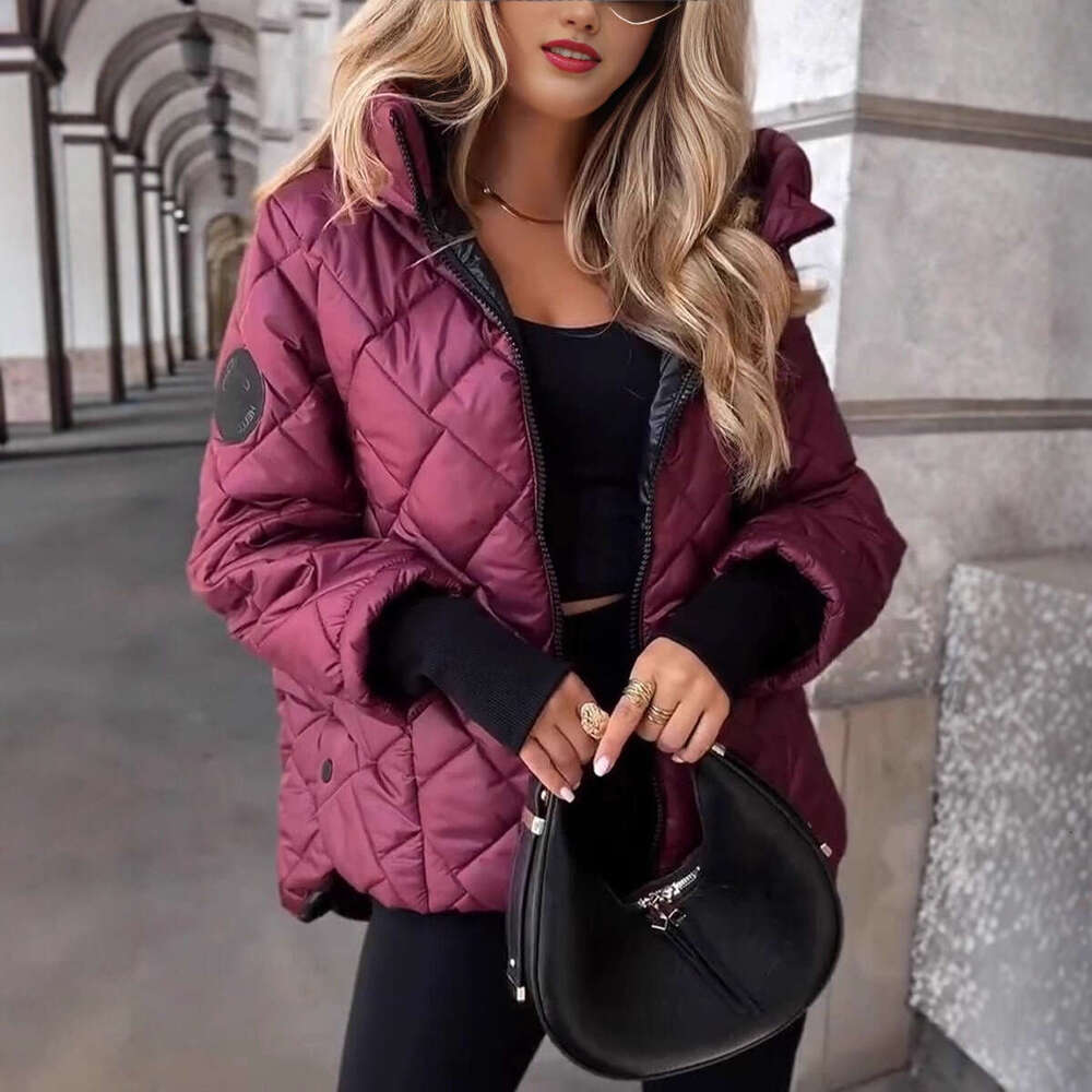 Cross-Border Autumn and Winter New Fashion Trend Diamond Pressed Grid Loose Hooded Cotton-Padded Jacket Warm Coat