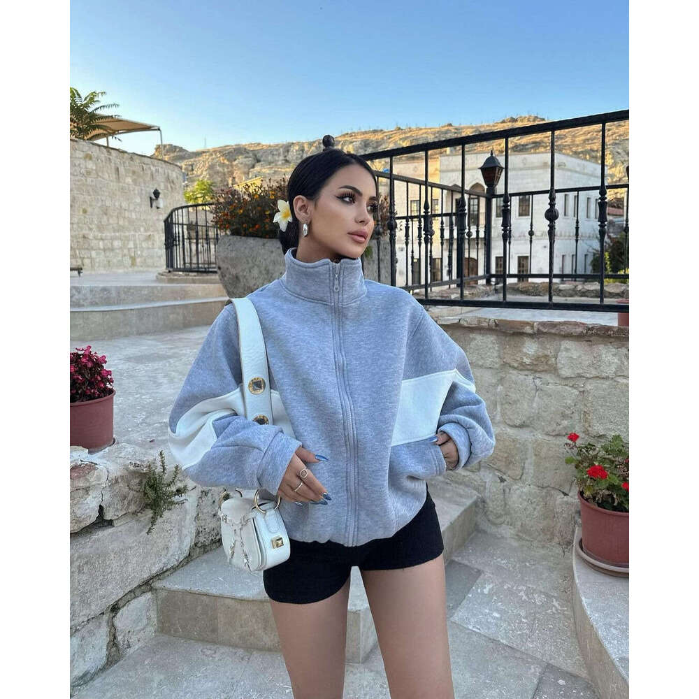 Fall/Winter 2024 European and American Women's Loose Casual Versatile Top Long Sleeve Color blocked Stand up Collar Coat for Women