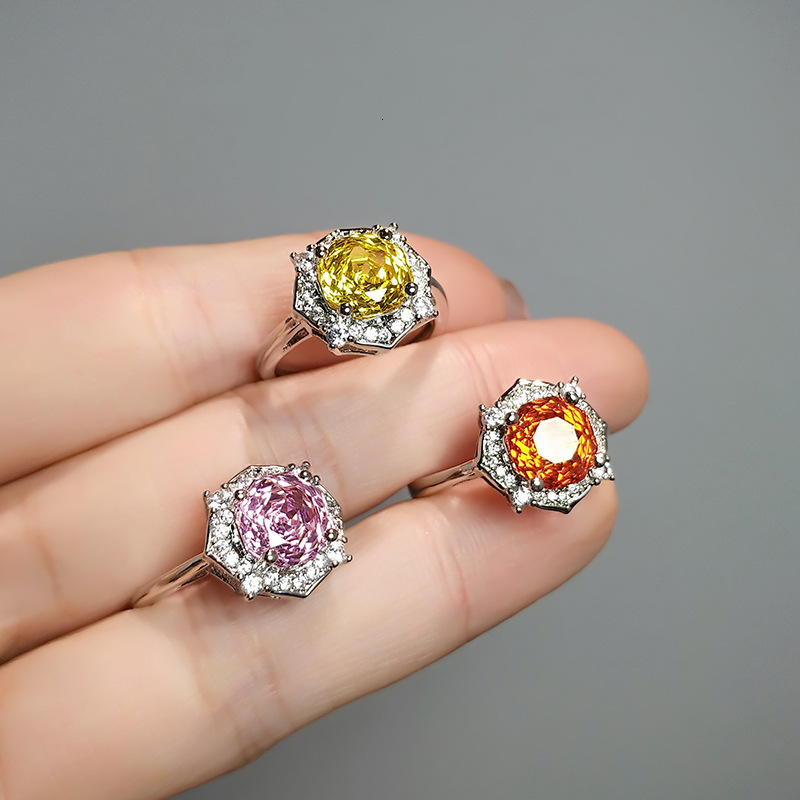 Hot Selling Six Sided Cut Rose Ruby Ring Light Luxury And Super Shiny Designer Ring Ice Flower Fashion Ring High Carbon Imitation Yellow Crystal Pink 