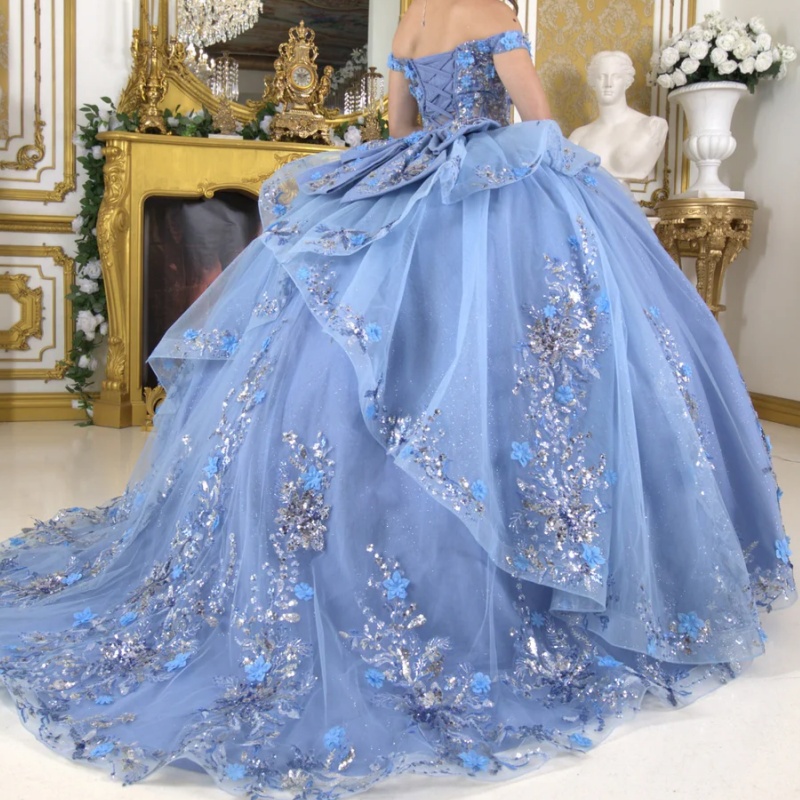 Blue Shiny Princess Quinceanera Dresses Off Shoulder Sequin Applique Lace Beads Tull Sweet 16 Dress Ball Gown Vestidos 15 Anos