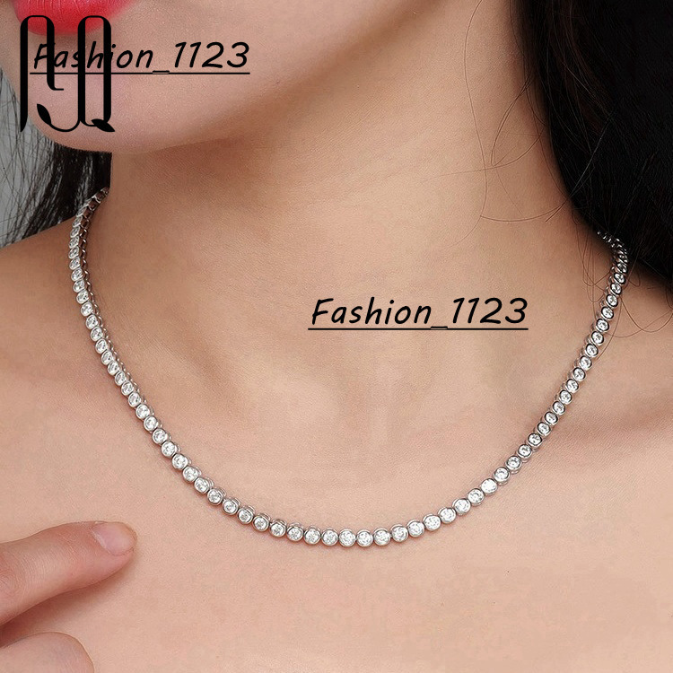 PYQ 2mm 3mm Bezel-Set VVS Tennis Chain Necklace 18K Gold Plated Women Moissanite Necklace 925 Silver Bezel-Set Tennis Chain