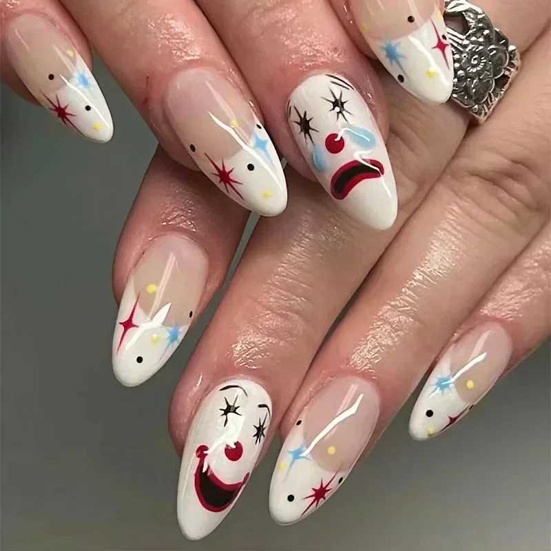 24Pc Halloween Fake Nails with Almond Head Design Cute Clown Fake Nails French Full Set Handmade Press Girl Nail Tips W250410